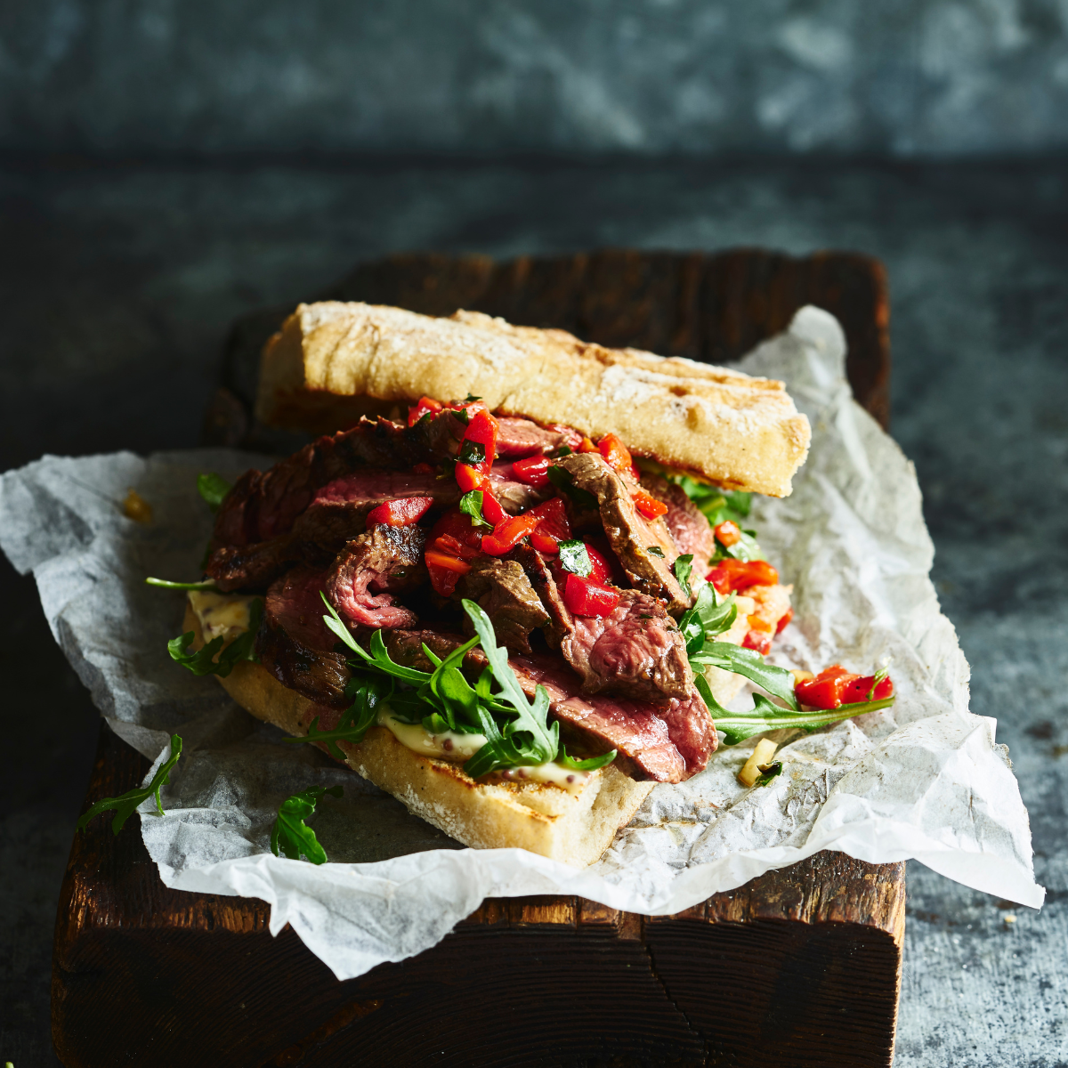 Grilled Steak, Arugula, and Roasted Red Pepper Sandwich Recipe